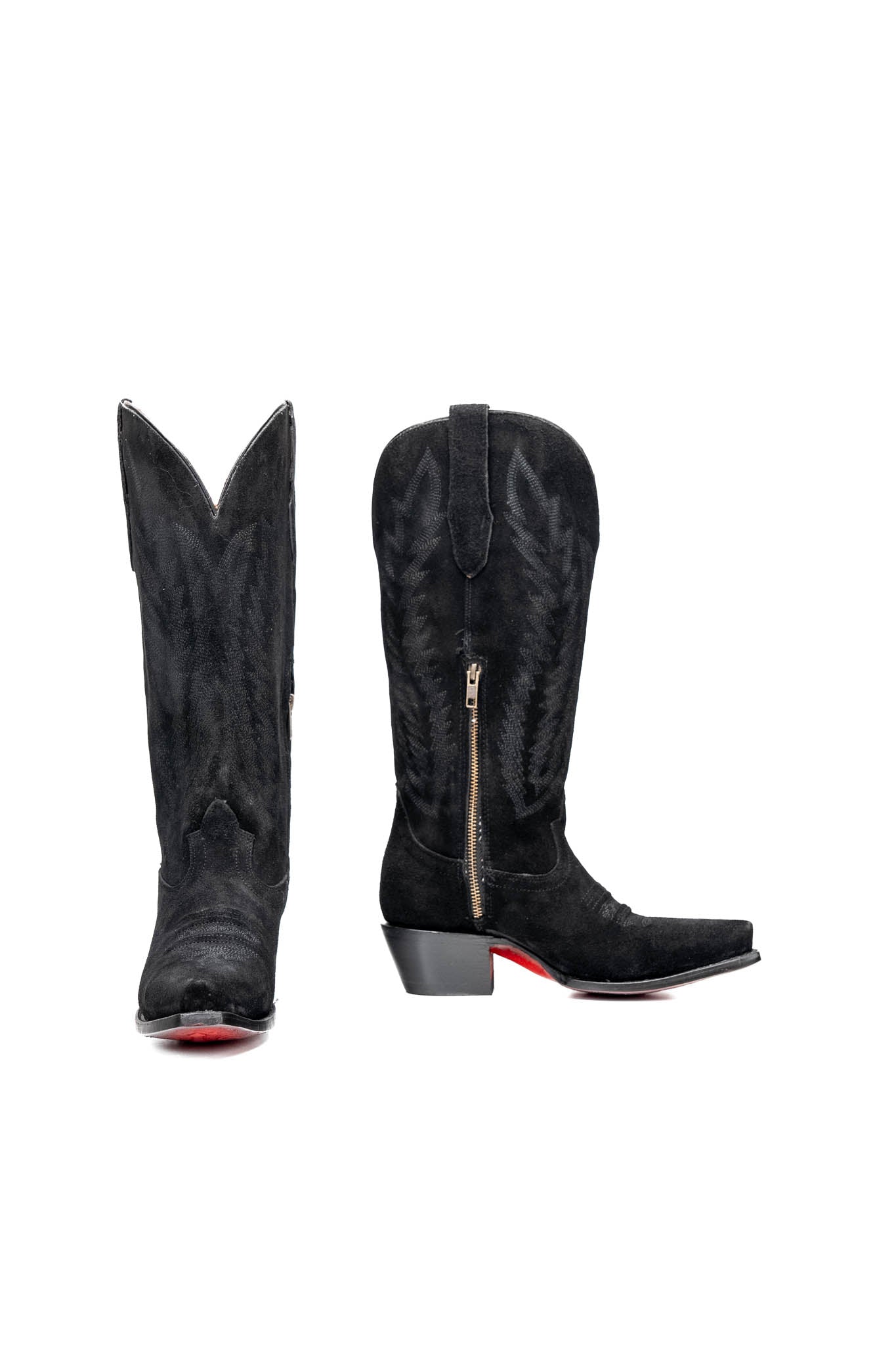 Presley Suede Midi Red Bottom Wide Calf Snip Toe Cowgirl Boot