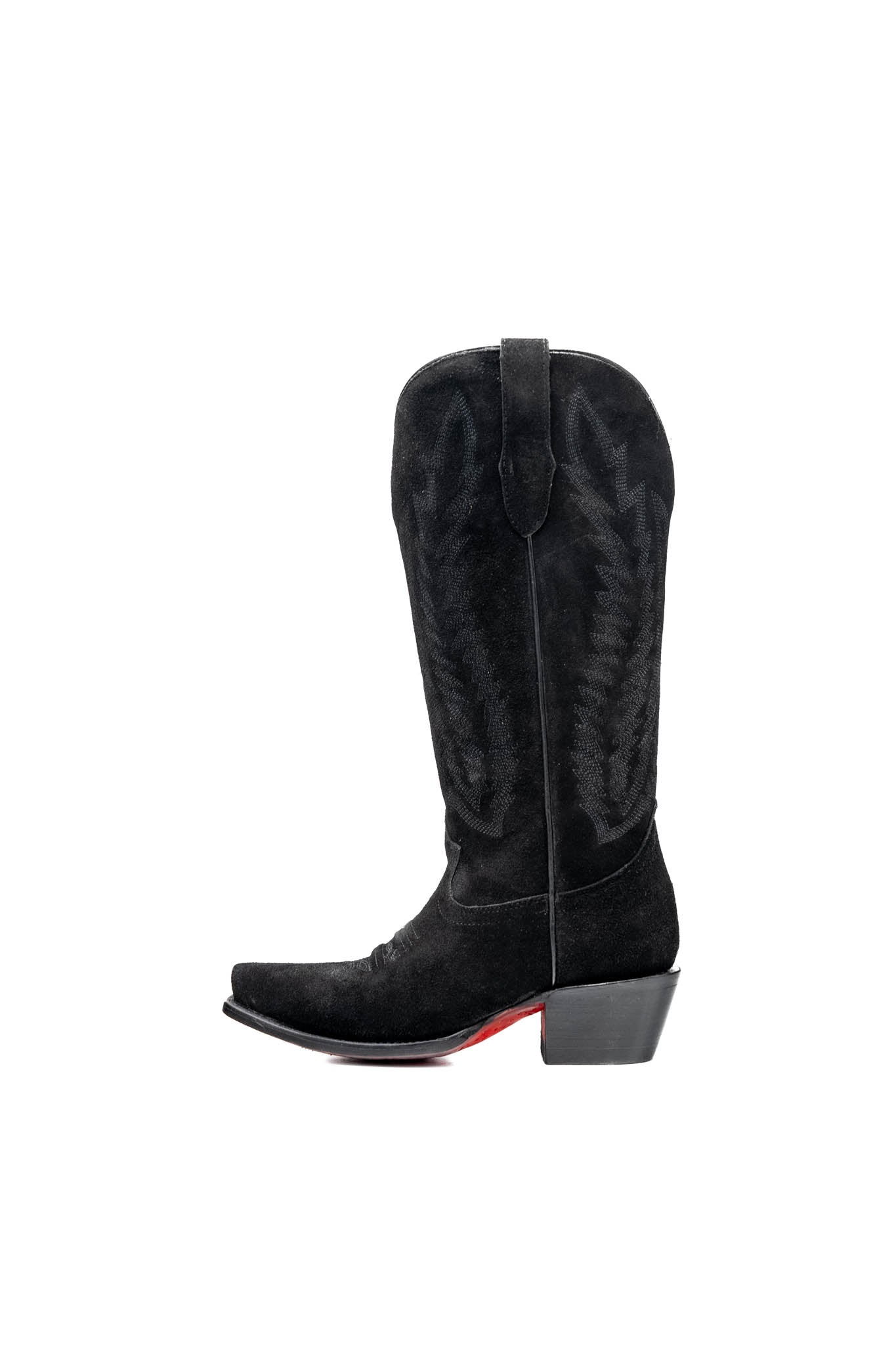 Presley Suede Midi Red Bottom Wide Calf Snip Toe Cowgirl Boot