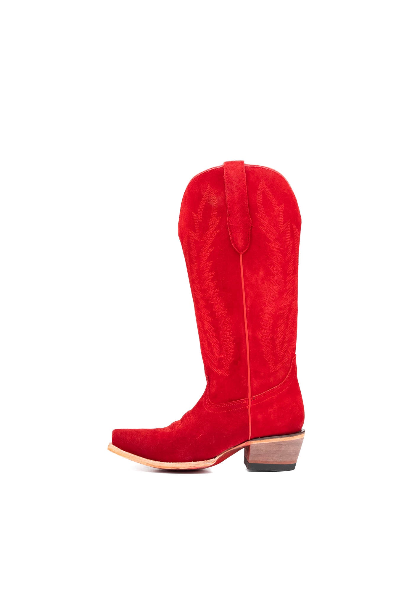 Presley Suede Midi Red Bottom Wide Calf Snip Toe Cowgirl Boot