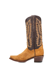 Side view of the Helena Roughout Cowgirl Boot in genuine leather, featuring a snip toe, honey suede vamp, brown shaft with tan embroidery, rubber heel, and a leather sole.