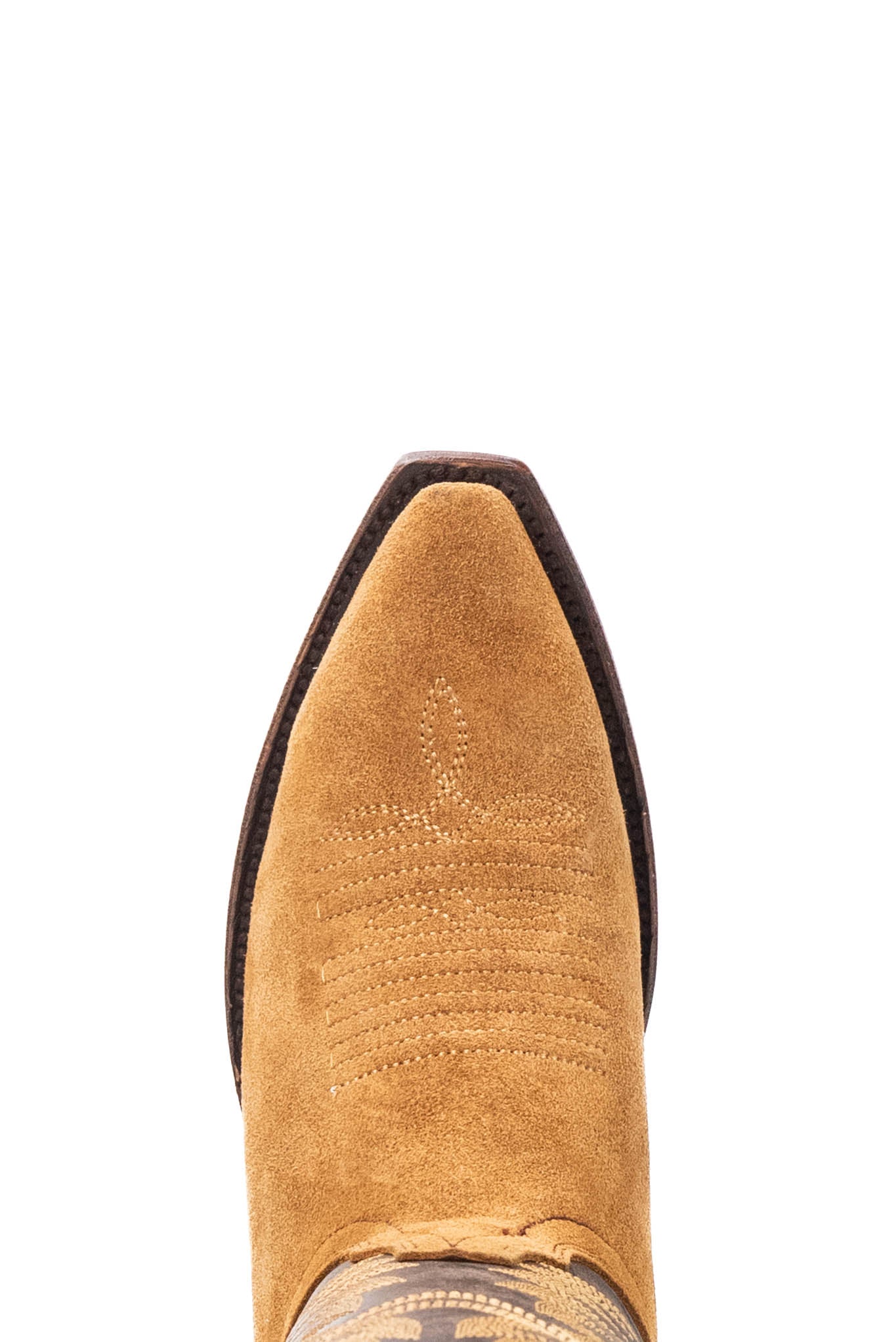 Top-down close-up of Helena cowboy boot vamp, showcasing the honey suede vamp, double stitching and snip toe.