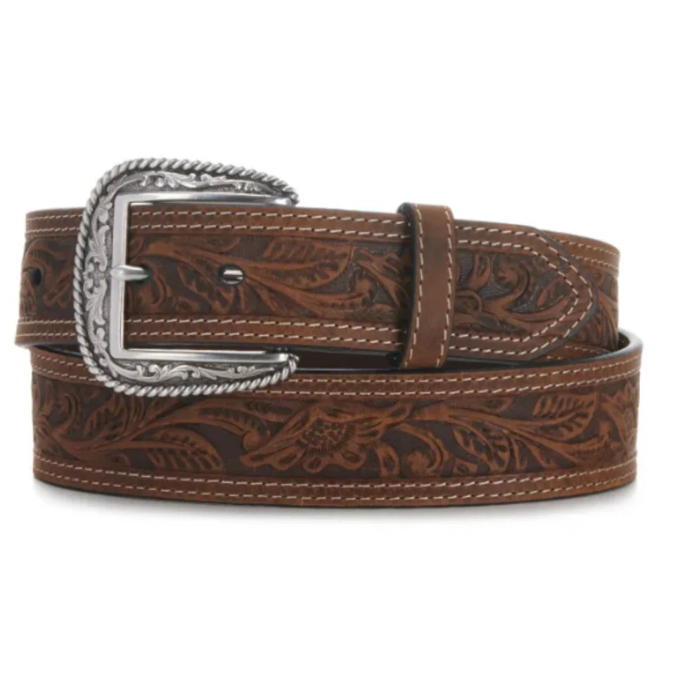 Ariat Brown Western Tooled Double Stitched Cowboy Belt – Rock display picture 1