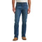 Full body picture of a men wearing a dark blue denim pants.