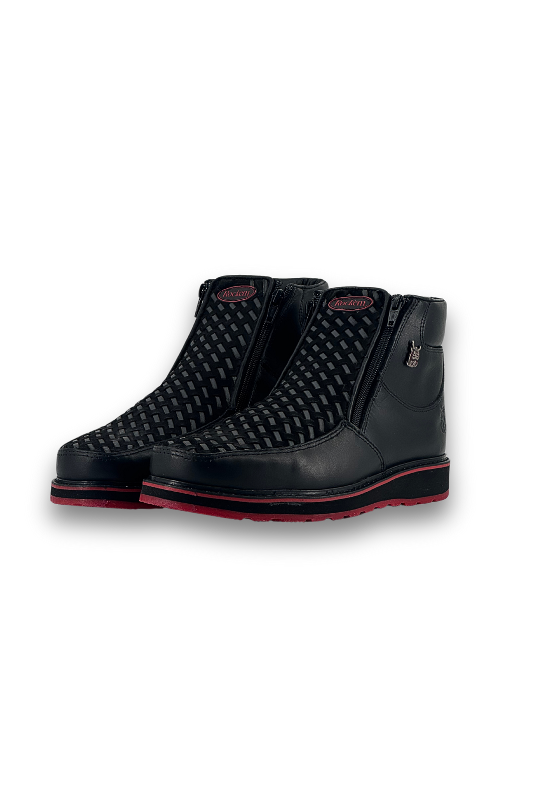 The onyx red bottom are botines artesanales made of genuine leather, featuring a square toe, dual side zippers, woven-textured panel across the vamp, rubber heel, and a red sole. 