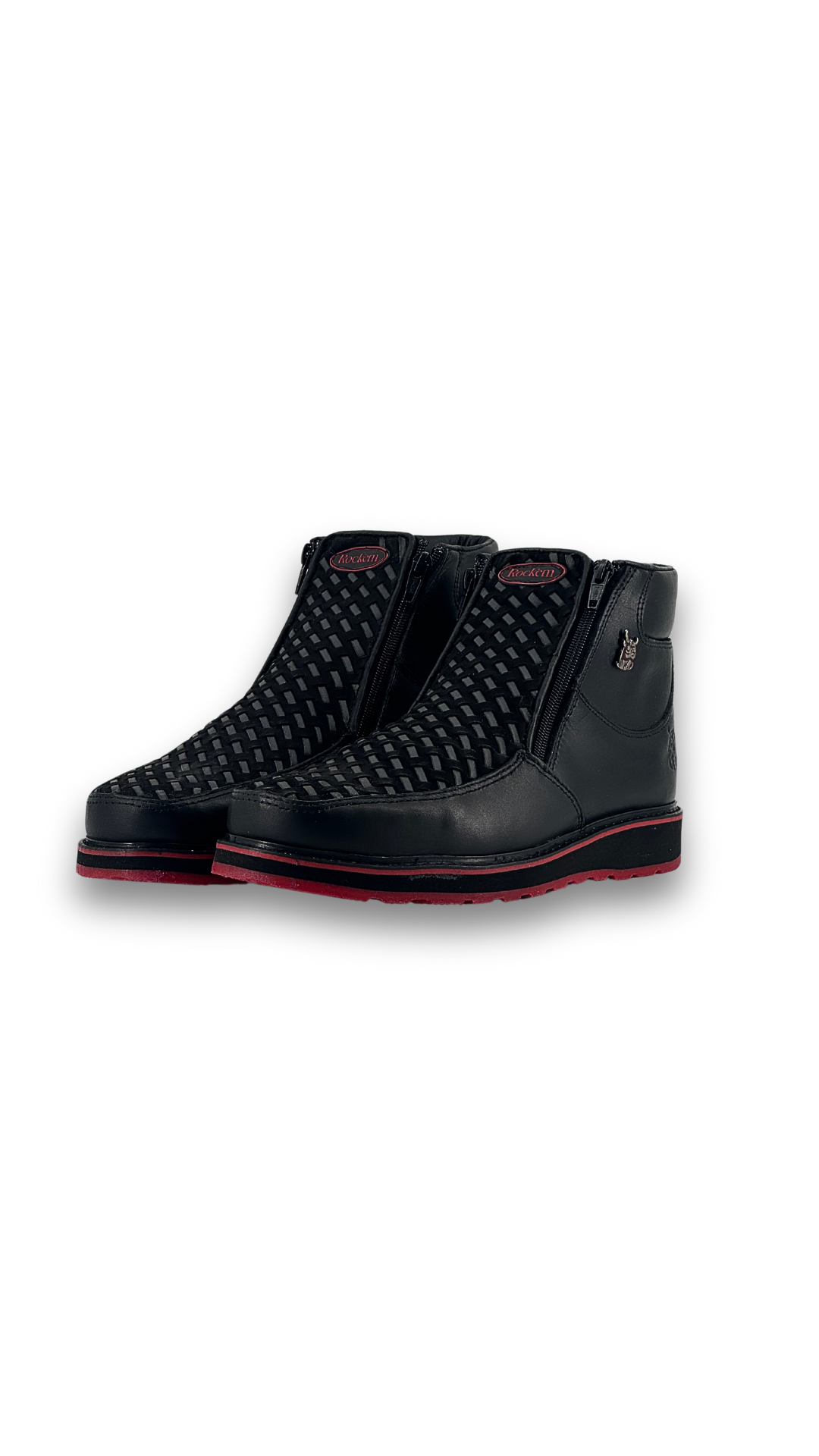 The onyx red bottom are botines artesanales made of genuine leather, featuring a square toe, dual side zippers, woven-textured panel across the vamp, rubber heel, and a red sole. 