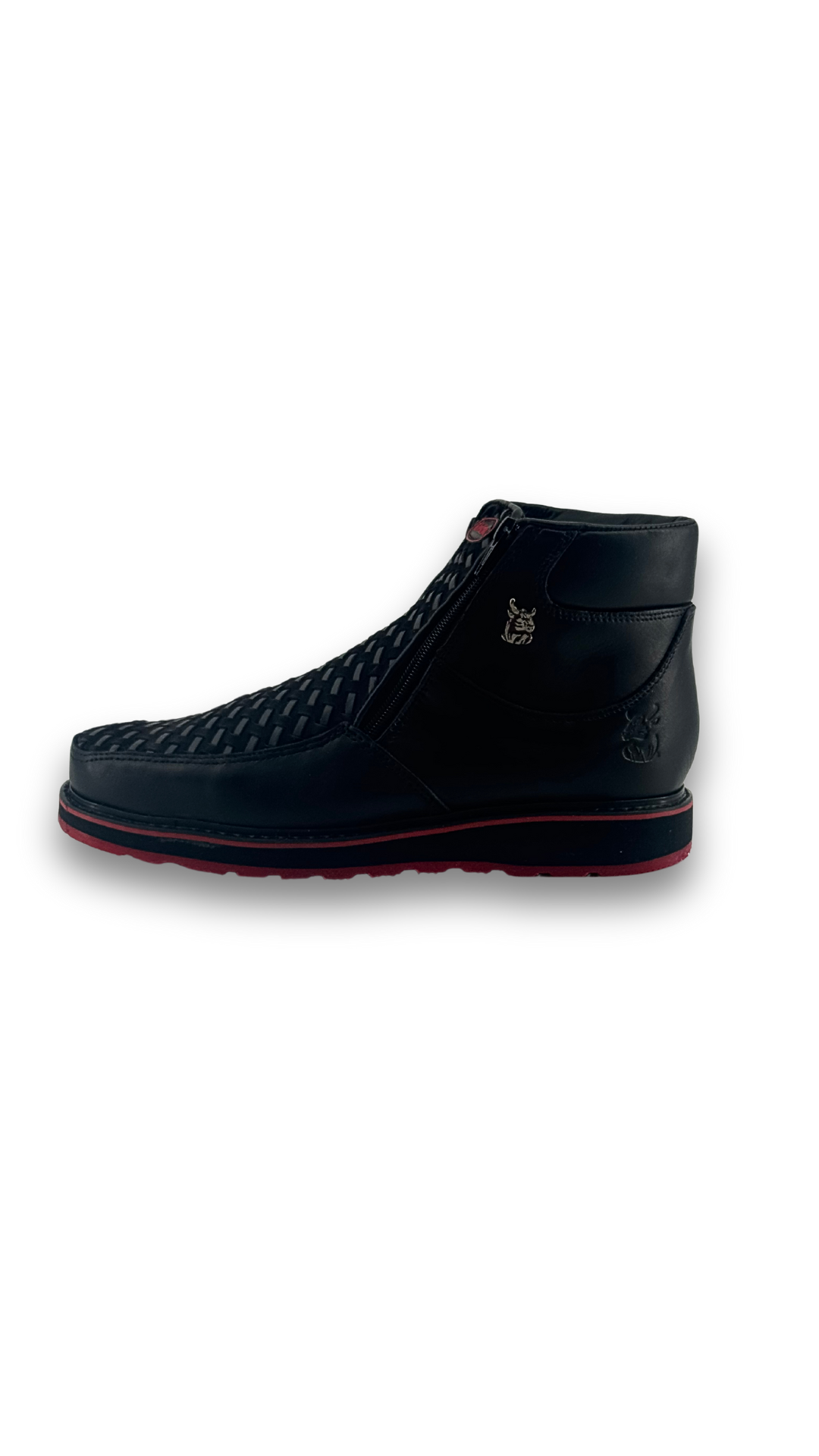 Side view of the onyx red bottom featuring a square toe, woven-textured panel across the vamp, and rubber heel.