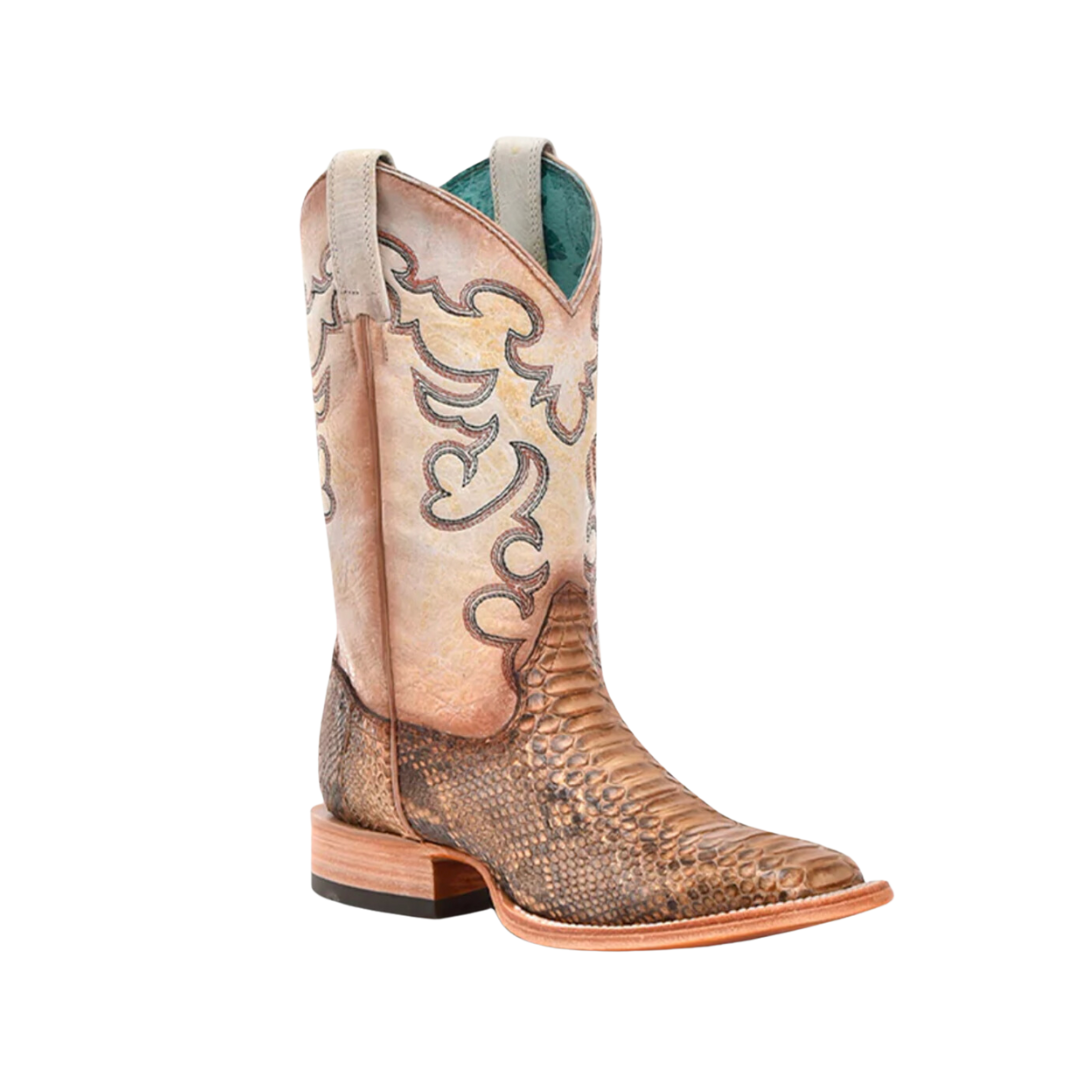 Corral B5007 Women's Embroidery Genuine Taupe - Beige Python Vamp Wide Square Toe Cowboy Boot