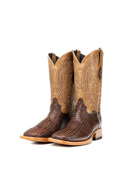 The renegate python cowboy boot in brown featuring a python print vamp, embroidery on a tan shaft, square toe, leather sole, and rubber heel.