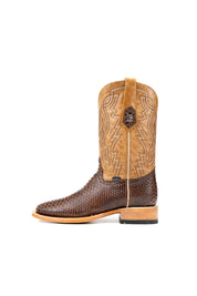 Side view of the renegate python cowboy boot in brown showcasing the python print vamp, flame embroidery, tan shaft and leather stacked heels.