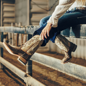 Corral B5007 Women's Embroidery Genuine Taupe - Beige Python Vamp Wide Square Toe Cowboy Boot