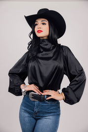 Cowl Neck Long Sleeve Satin Blouse Top