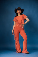 Mineral Washed Fringe Detailed Top And Pant Set