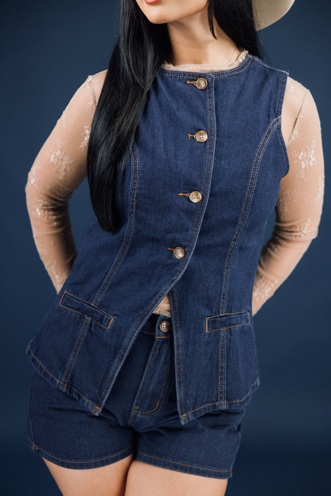 Denim Button-up Vest Shorts Set