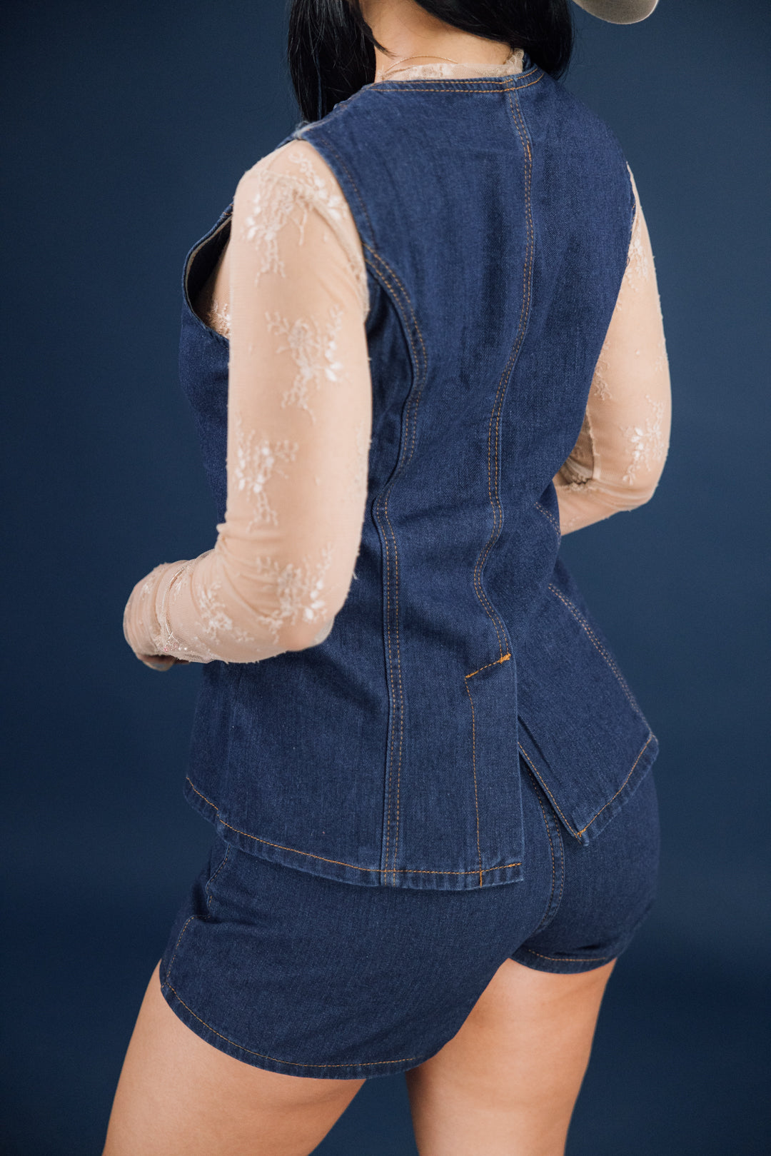 Denim Button-up Vest Shorts Set