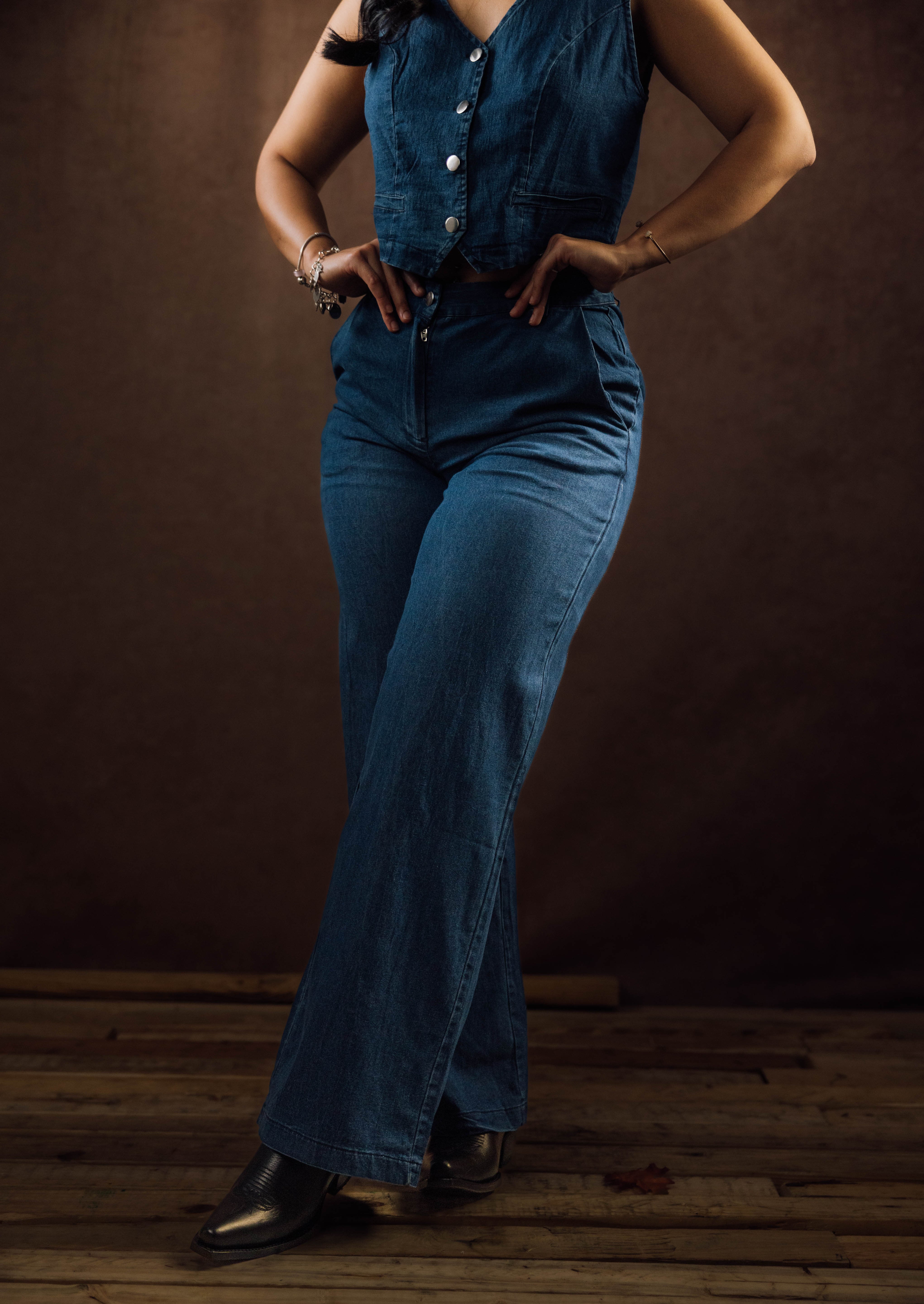 Wide Leg Denim Pants and Vest Set