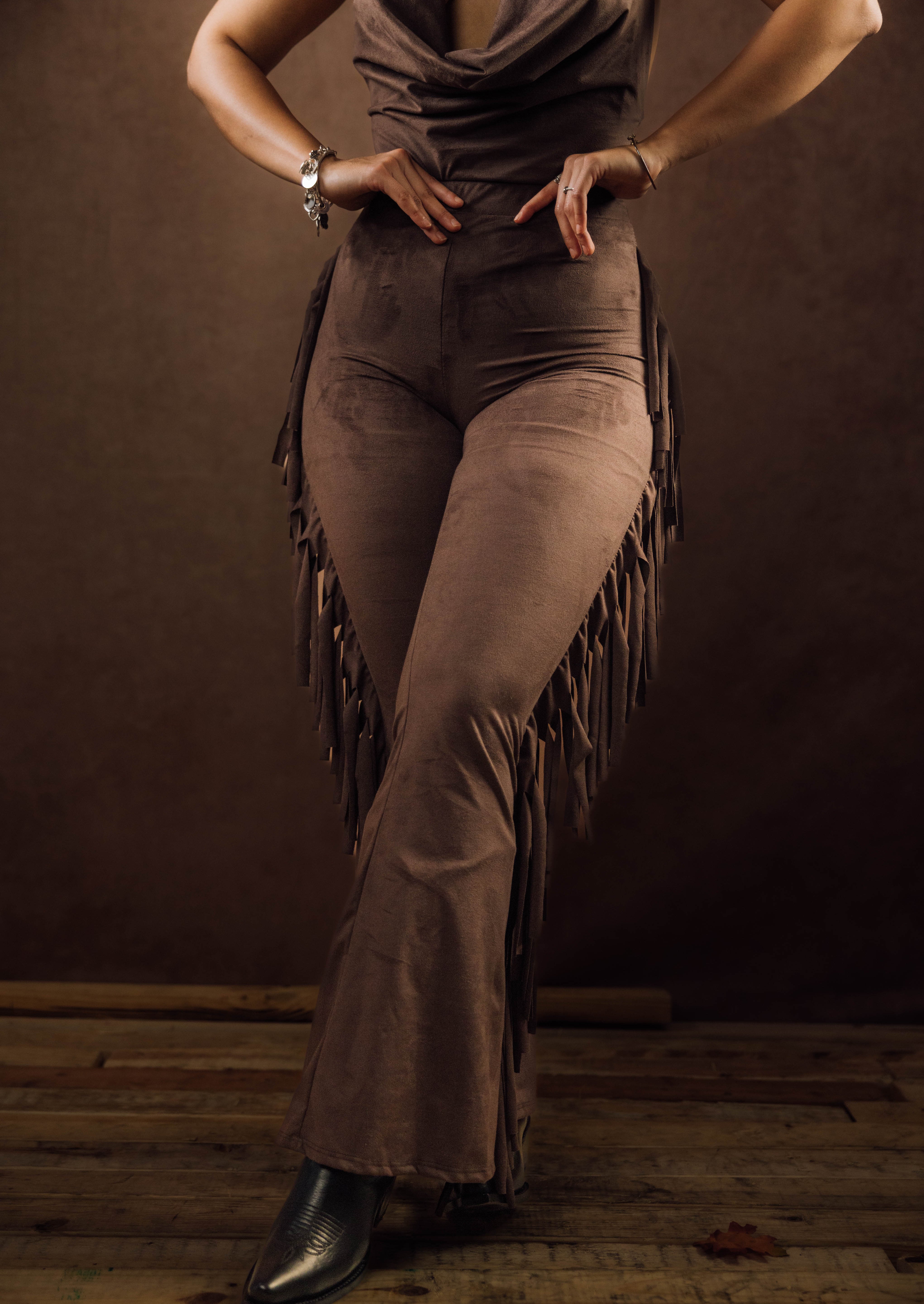 Cowl Neck Bodysuit & Side Fringe Pants Set