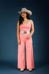 Off Shoulder Wide Leg Denim Jumpsuit