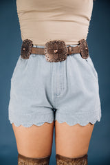 High Waisted Denim Shorts With Scalloped Edge