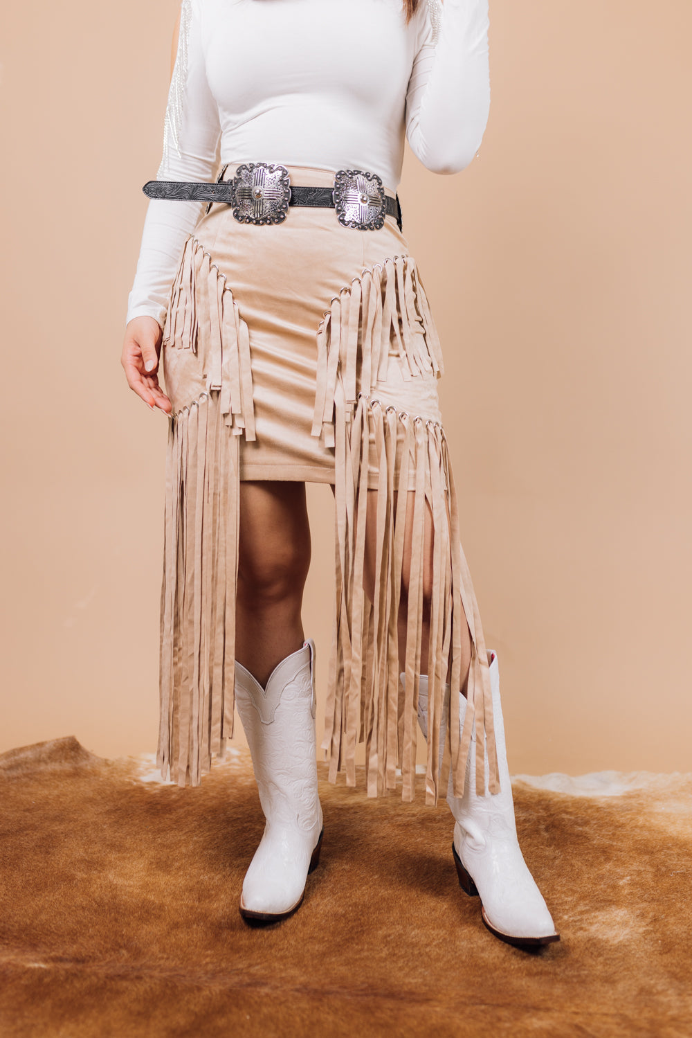 Leather fringe skirt knee length sale