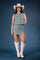 A silver blue Round Neck Vest Top with High Waist Slit Pinstripe Skorts. The outfit comes in various colors, exuding a modern Western style.