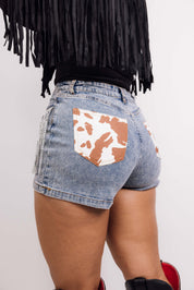 Washed Silver Fringe Cow Print Shorts