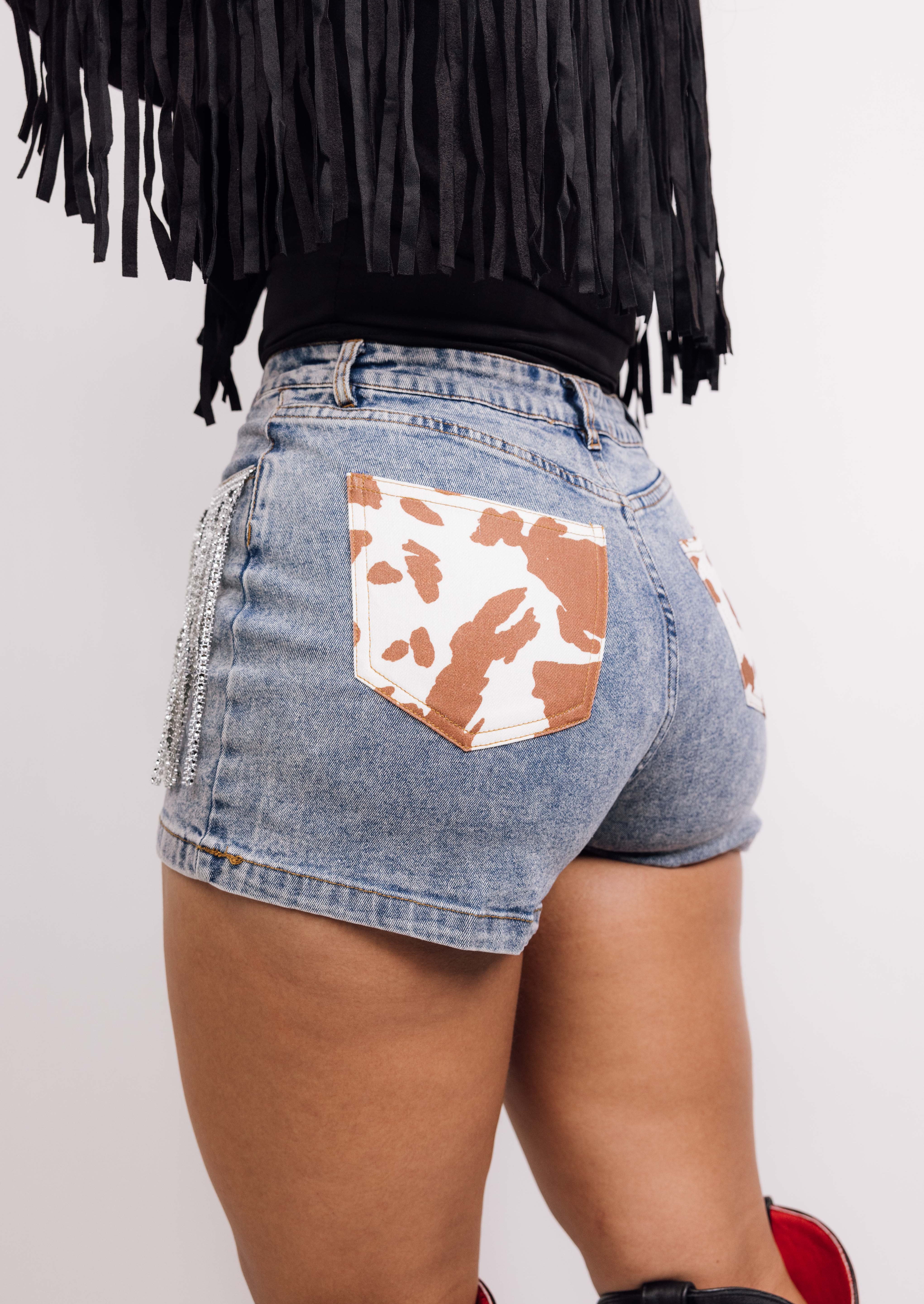 Washed Silver Fringe Cow Print Shorts