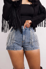 Washed Silver Fringe Cow Print Shorts