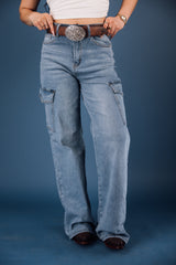 High Rise Wide Side Pocket Cargo Jeans