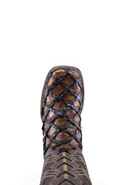 The Bradley boot features a honey Pirarucu fish print vamp, a brown leather shaft with a laser-cut pattern, a square toe, and a natural-tone sole.