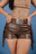 These brown leather mid-rise shorts feature fringe detailing along the hem.