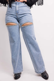 Washed Denim Rhinestone Cutout Jeans