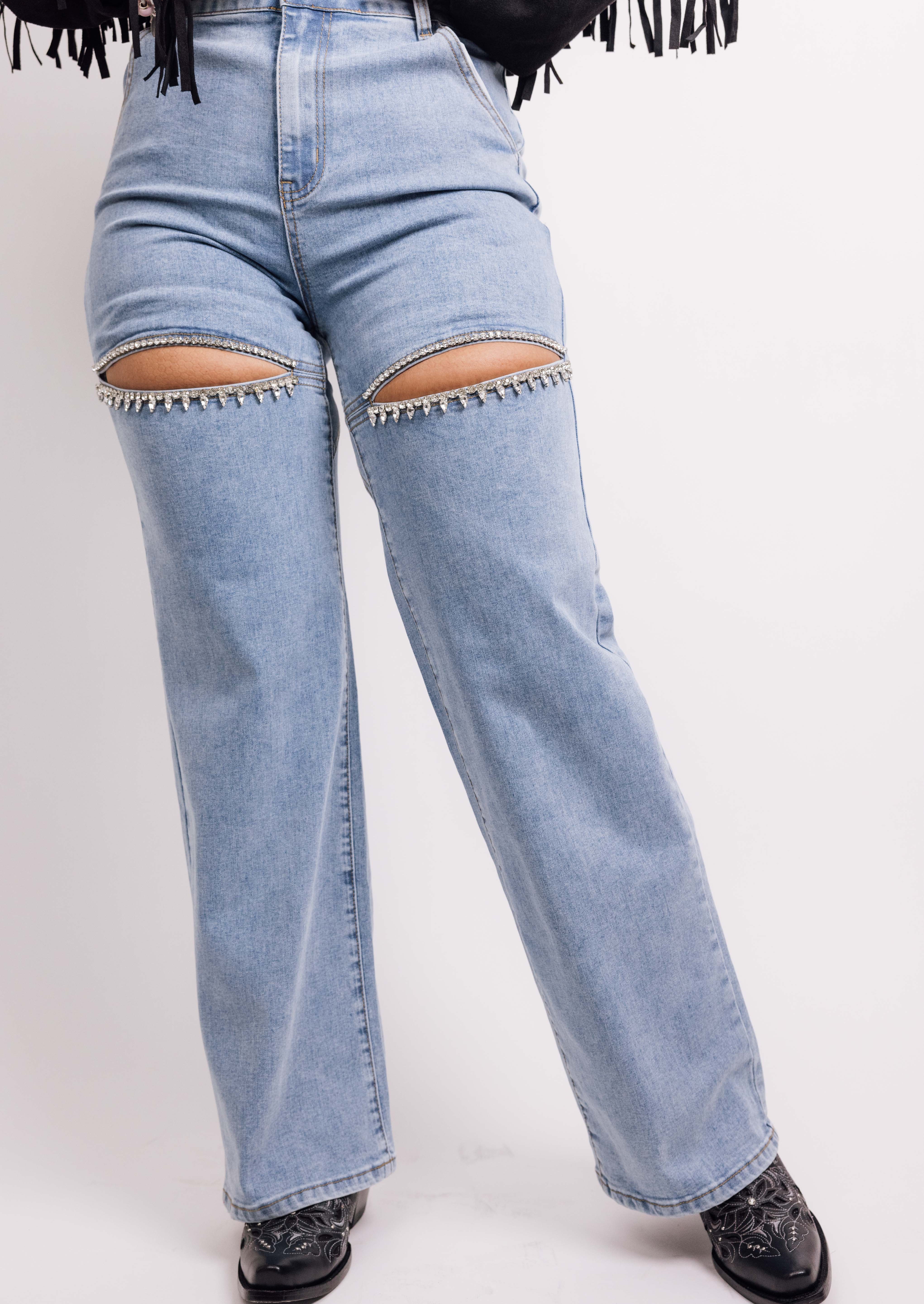 Washed Denim Rhinestone Cutout Jeans