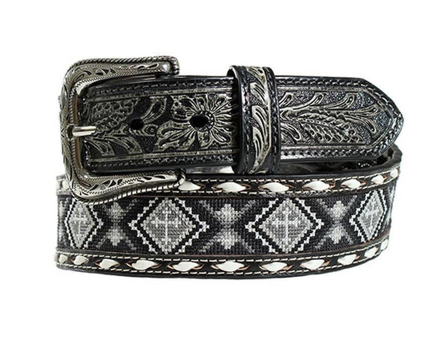 Nocona Western Belt Mens Beaded Cross Buck Stitching