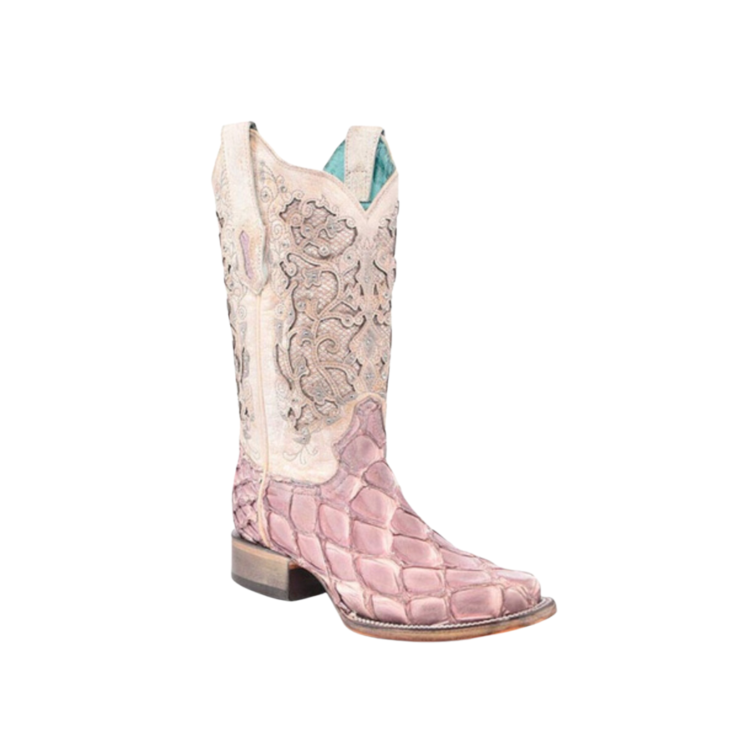 Corral A4578 Women's Boot Pirarucu  Lilac/ White Glitter Inlay Studs