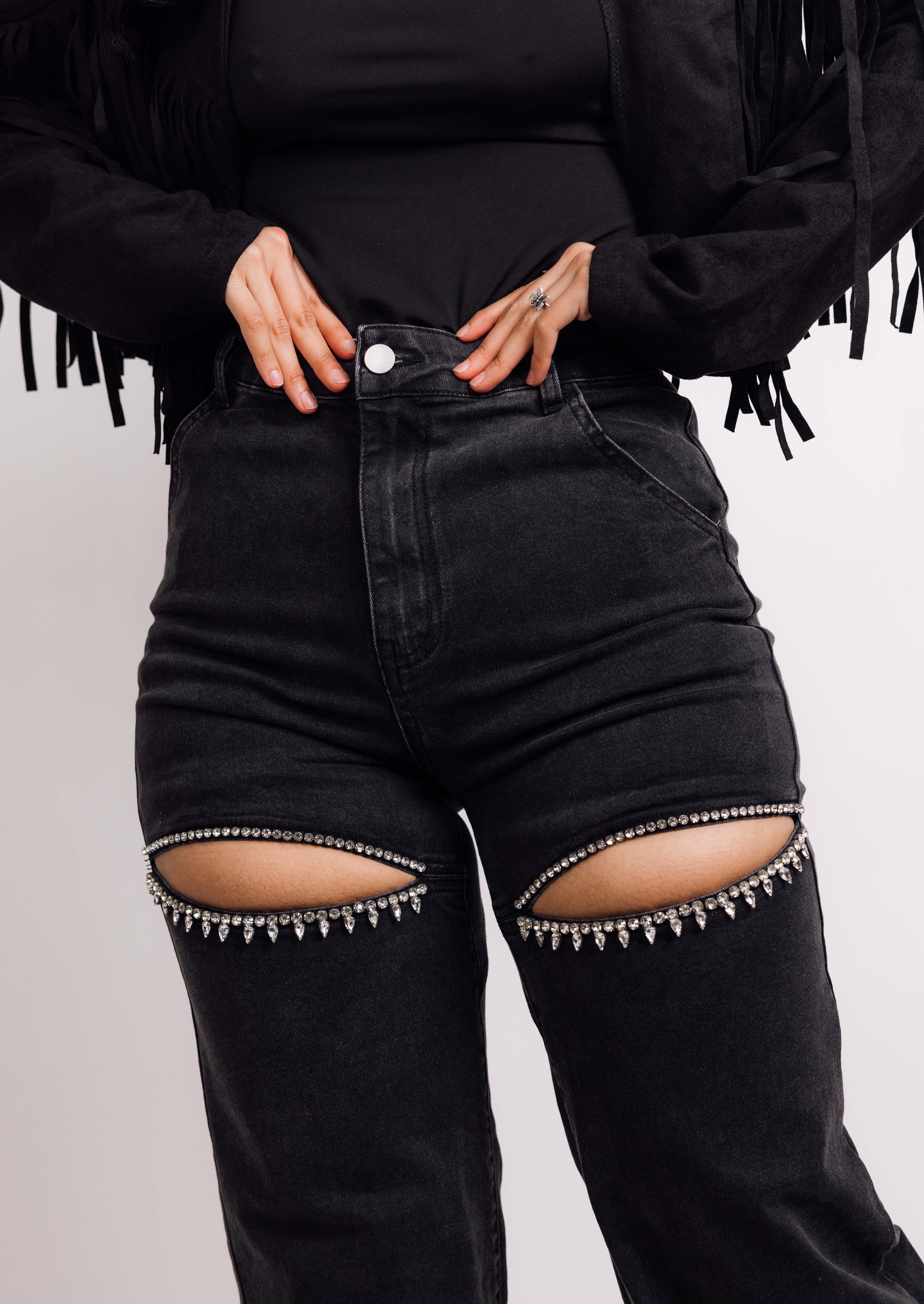 Washed Denim Rhinestone Cutout Jeans