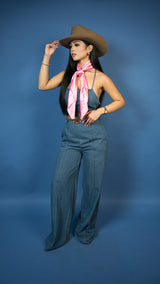 Lace-Up Back Western Flare Denim Jumpsuit