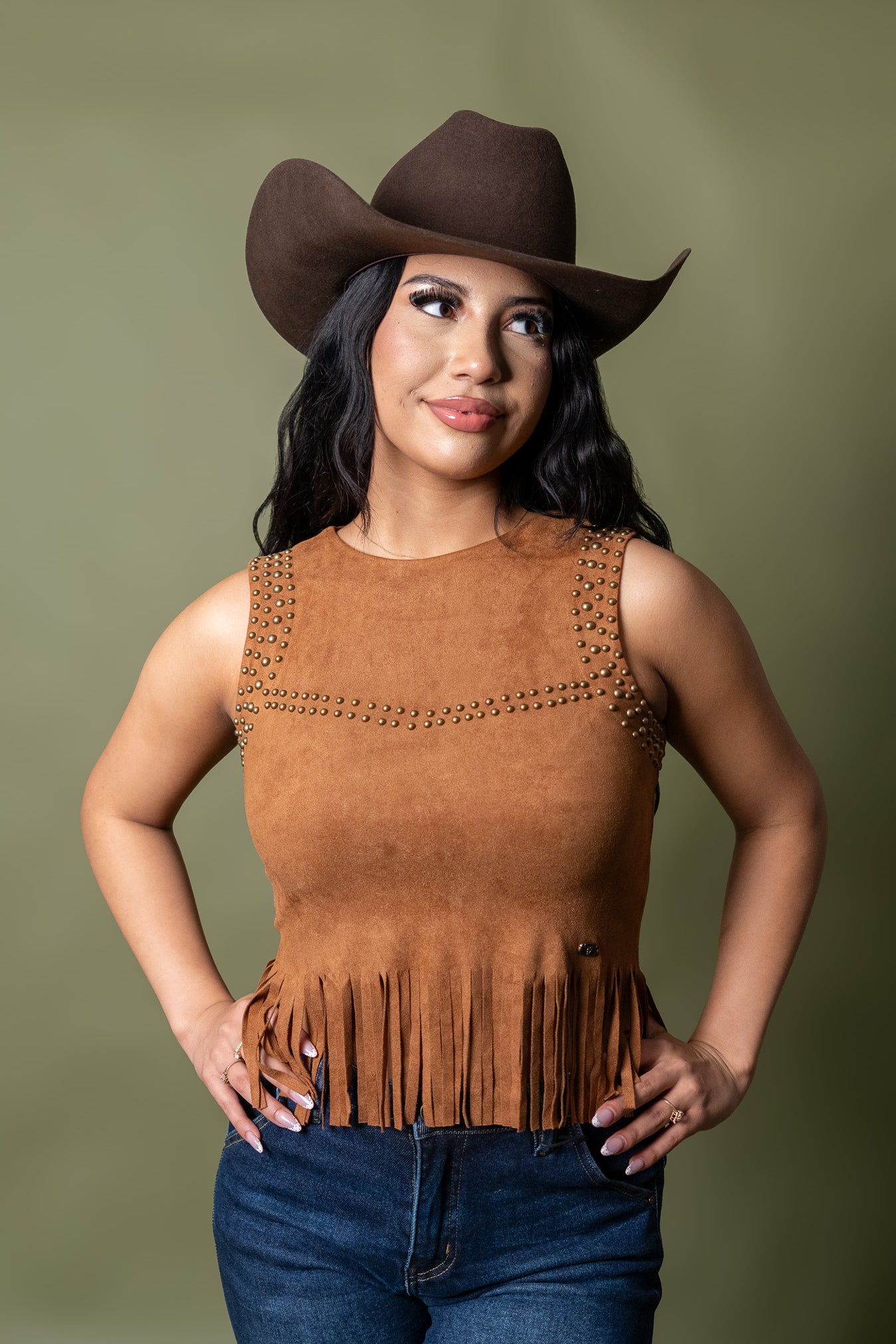 Studded Yoke Fringe Hem Top