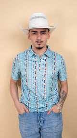 Rock & Roll Shy Blue Striped Aztec Polo