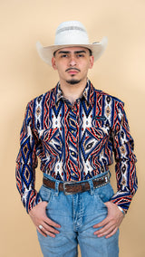 Rock & Roll Long Sleeve Denim Rust Aztec Pearl Snap