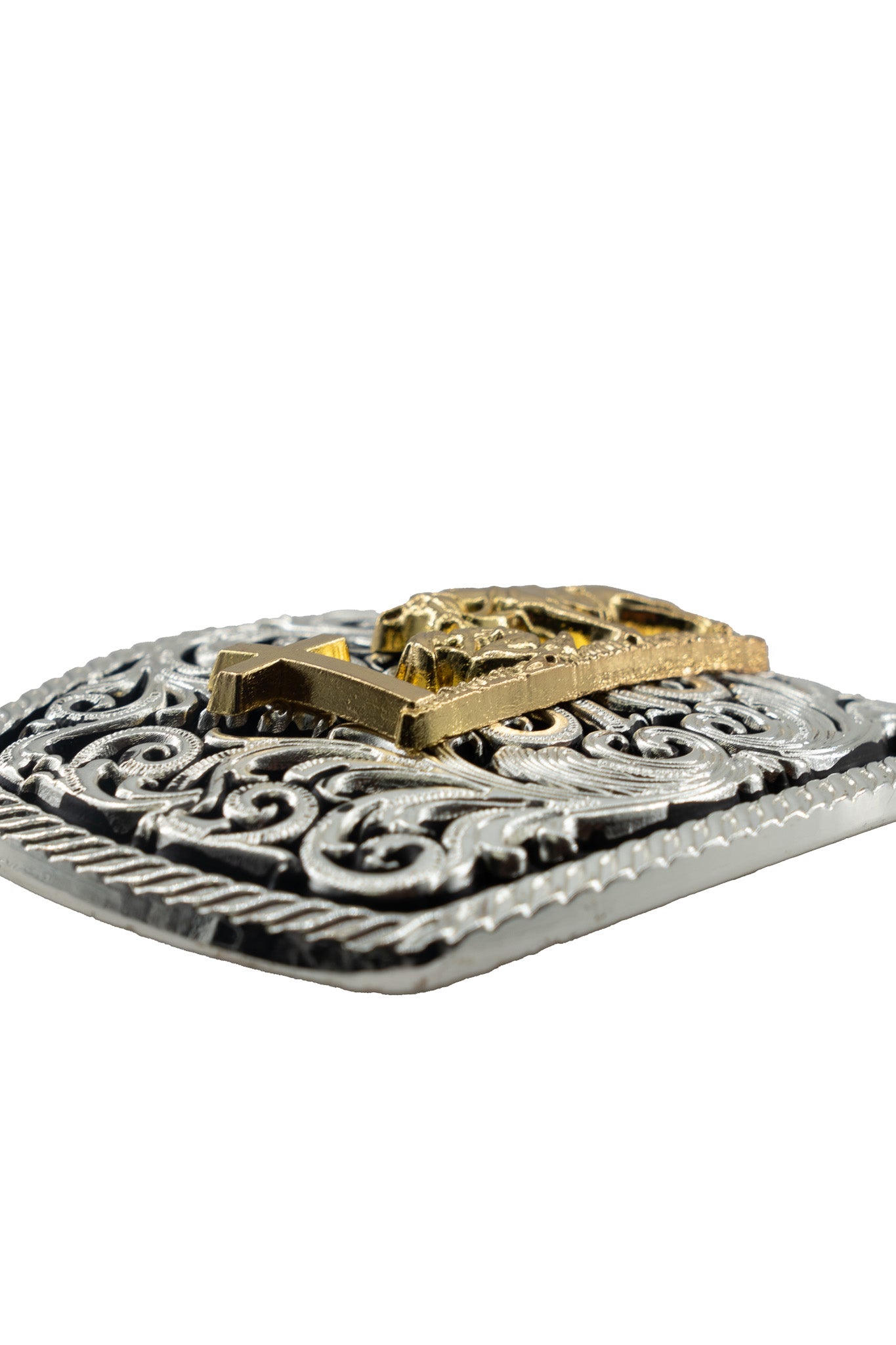 Intricate Scrollwork Kneeling Prayer Cross Belt Buckle