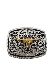 Intricate Scrollwork Longhorn Belt Buckle