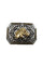 Close up shot of a silver with gold belt buckle. It has a gold stallion in the middle.