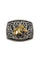 Close up view of a silver metal belt buckle with scroll work and a golf stallion in the middle.