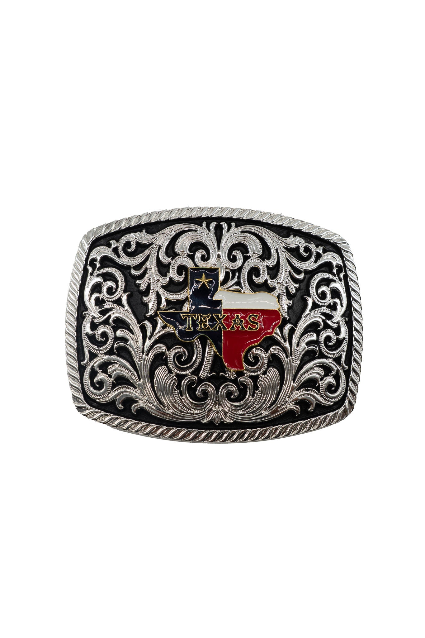Intricate Scrollwork Texas Flag Belt Buckle