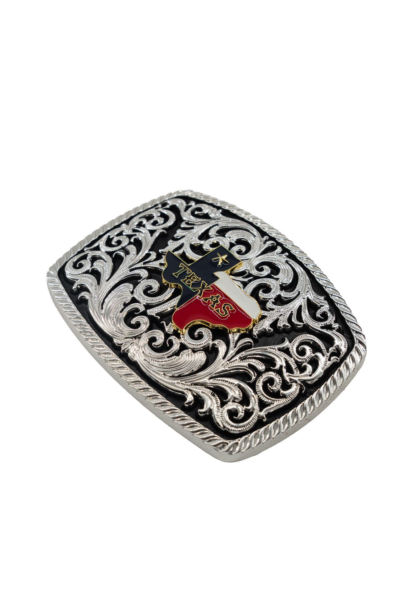Intricate Scrollwork Texas Flag Belt Buckle