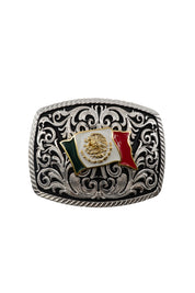 Intricate Scrollwork Mexico Flag Belt Buckle
