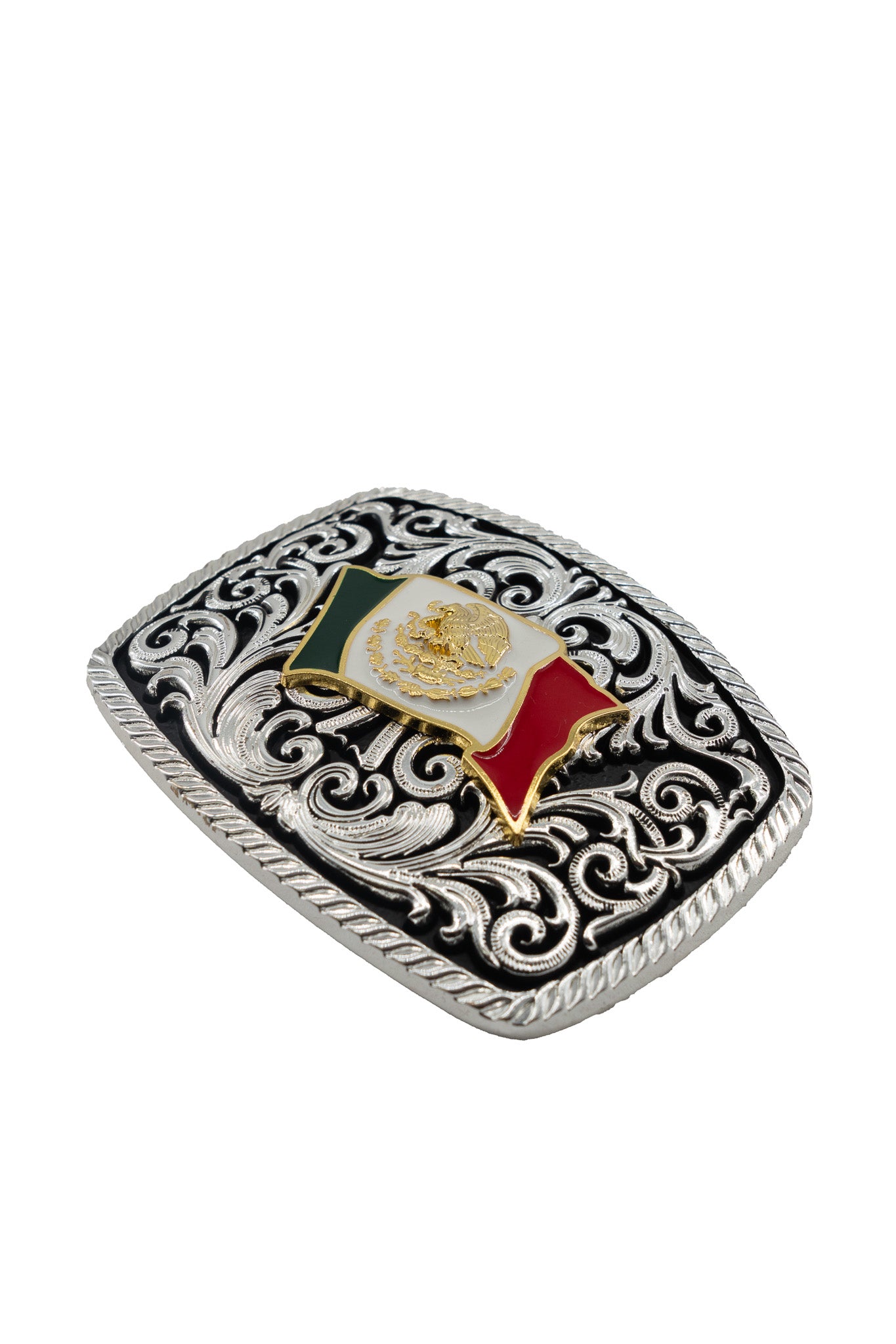 Intricate Scrollwork Mexico Flag Belt Buckle