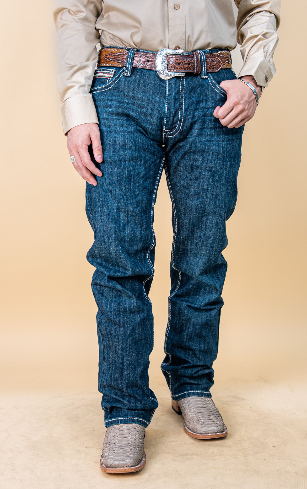 ROCK & ROLL DENIM MEN'S REVOLVER DARK VINTAGE WASH SLIM STRAIGHT REFLEX DENIM JEANS