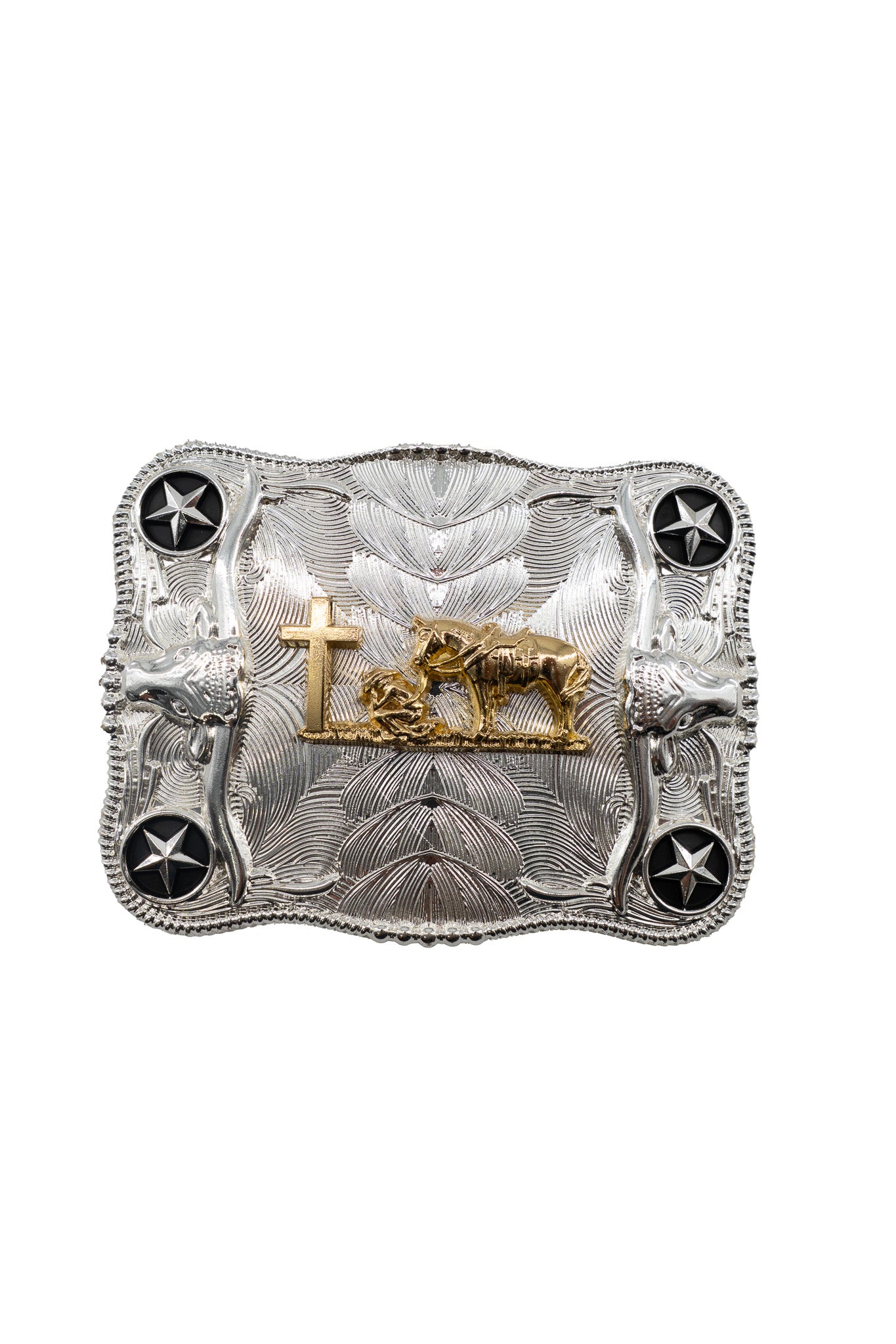 Symmetrical Silver Rectangle Kneeling Prayer Cross Belt Buckle