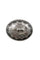 Close up shot of a round silver metal belt buckle. The centerpiece features a silver horse.